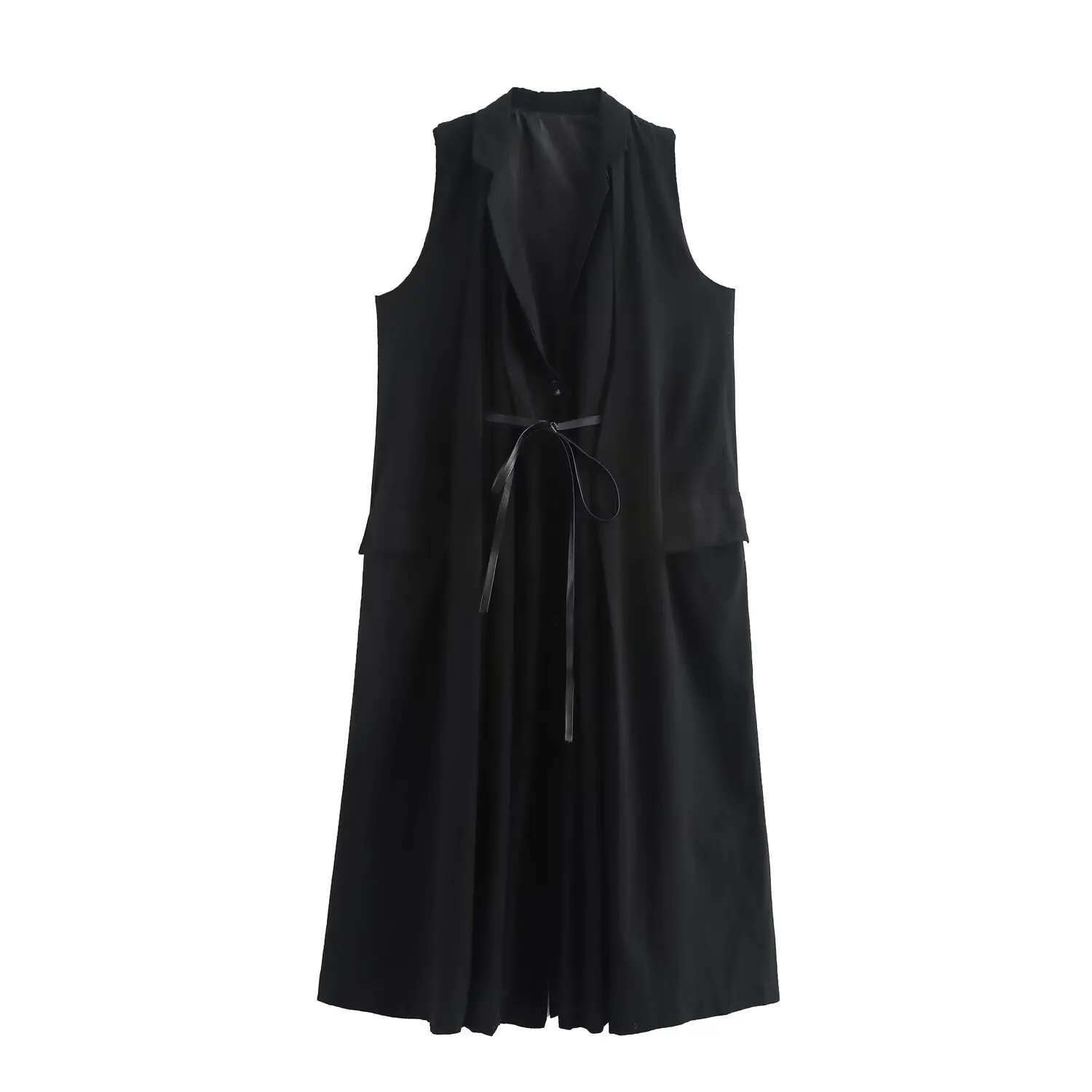 

HH TRAF Women New Fashion Lapel Sleeveless Single Breasted Belted Tank Top Dress Female Elegant Pocket High Street Casual Dress