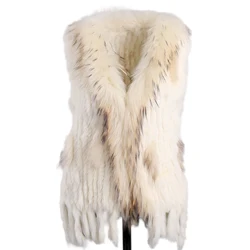 BOONJOVIA-Colete de malha 100% real de pele de coelho, guaxinim Fur Trim Collar Gilet, colete moda para outono e inverno