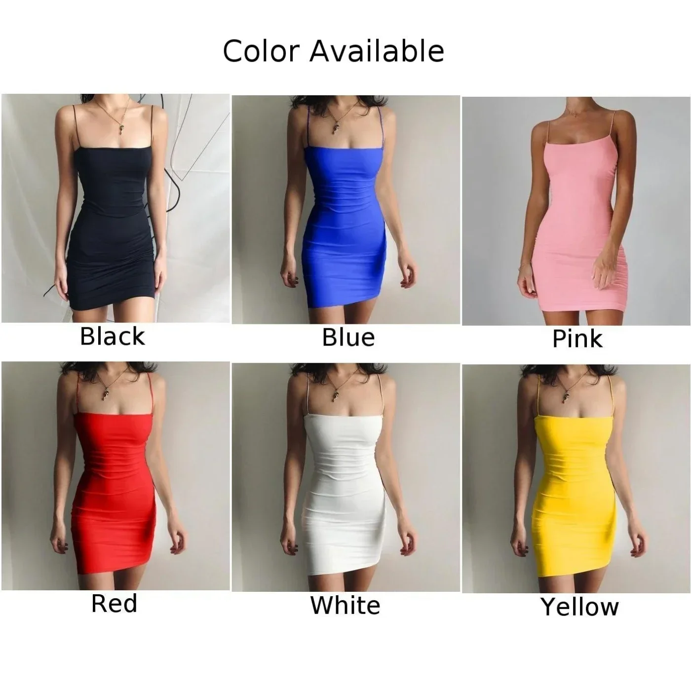 Women's Sexy Spaghetti Strap Mini Dress Summer Party Camisole Solid Color Bodycon Skirt
