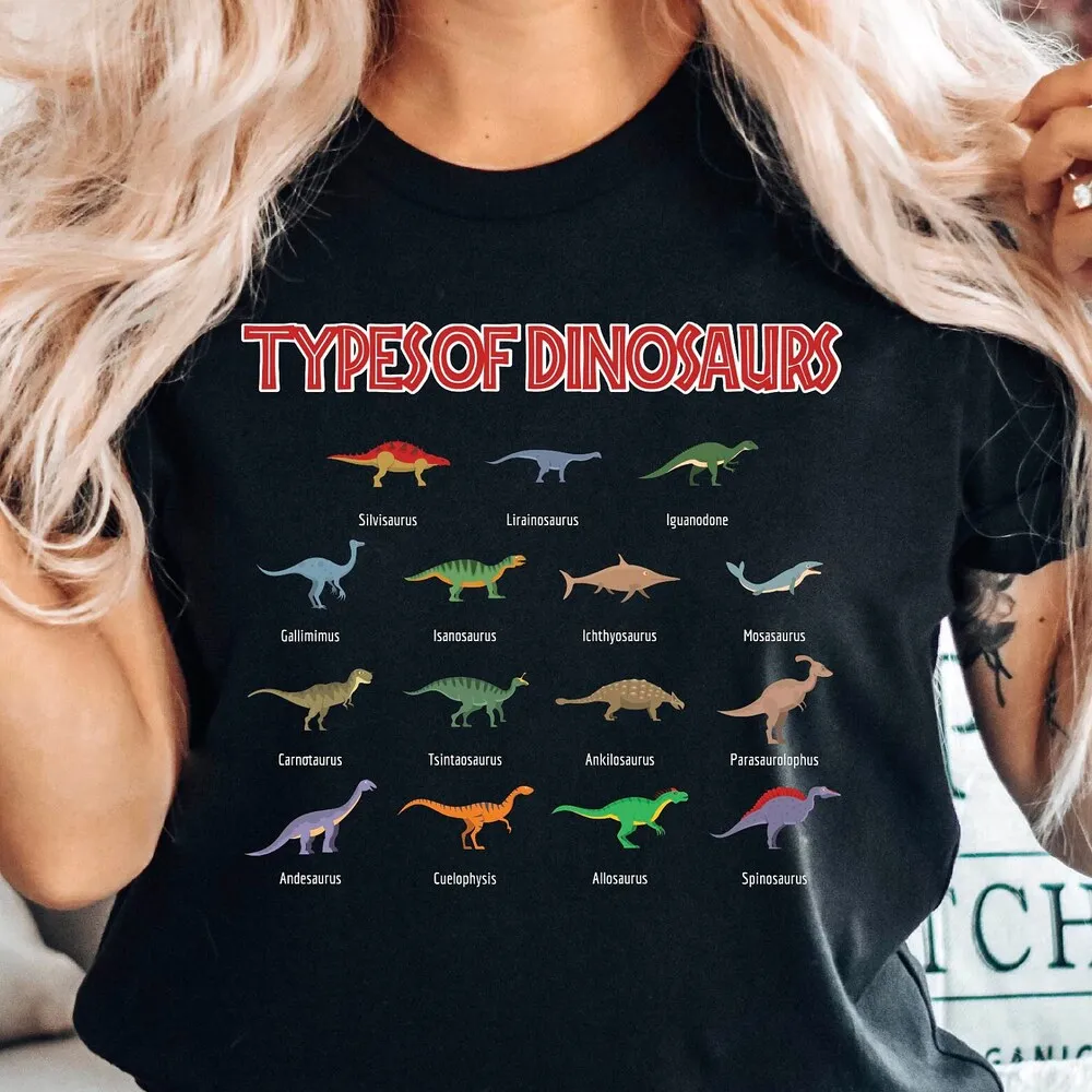 Types Of Dinosaurs T Shirt Paleontology Dinosaur Species Trex Dino Long Sleeve