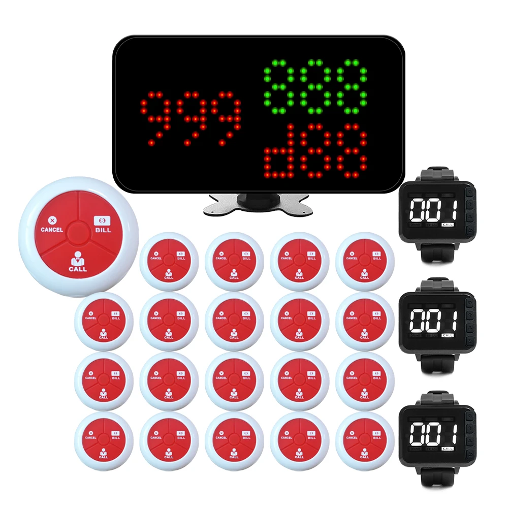Restaurant Pager Wireless  Restaurant Calling System Service Call Button1 Number Display 20 Waterproof Buttons 3 Watch Pager