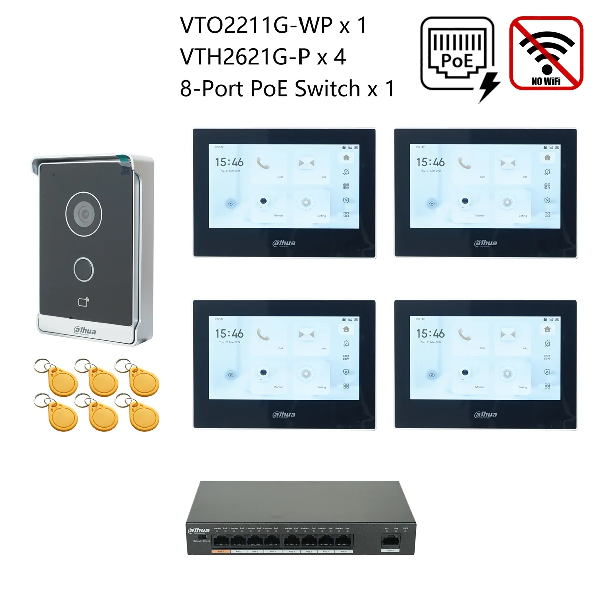 Dahua originele IP Video Intercom KIT, VTO2211G-WP & VTH2621G-P & PoE schakelaar, ondersteuning telefoon app, RFID Card Ontgrendelen
