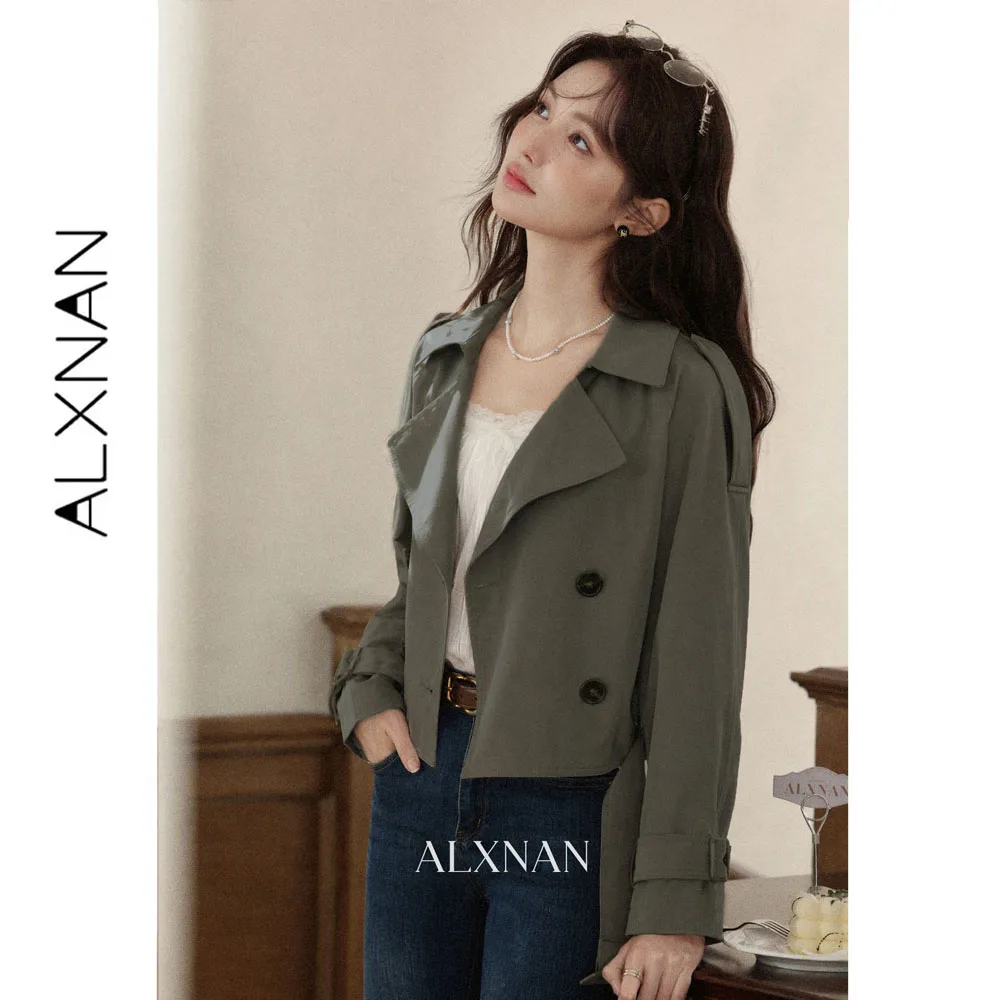 ALXNAN Light Gray Trench Coat Women Autumn New Commuter Versatile Short Lapel Outerwear 2026 Fashion Short Jacket L681175A