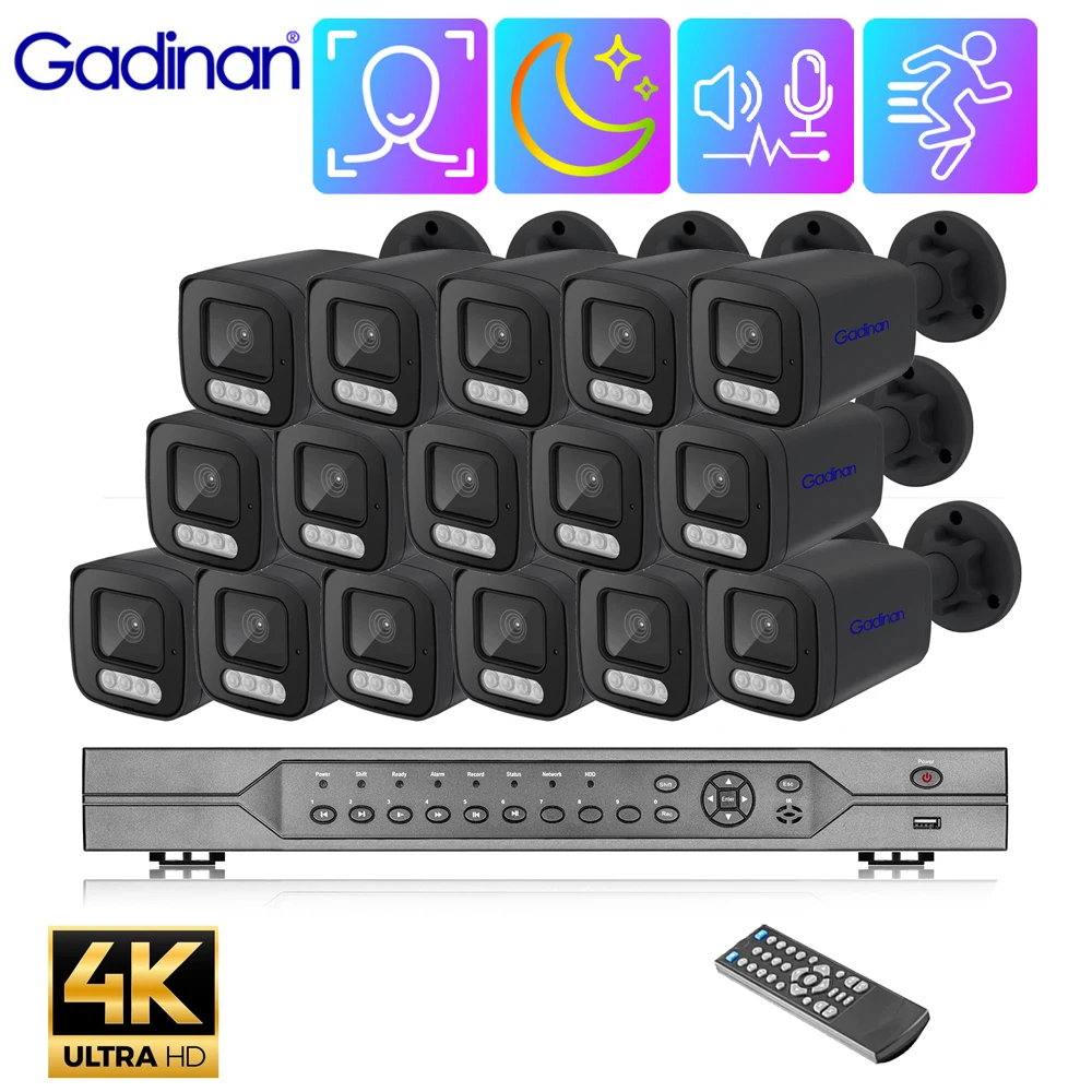 Gadinan 4K 8MP 16CH CCTV Video Surveillance Set Face Detect Two-Way Audio Full Color Night Vision POE Security System IP Camera