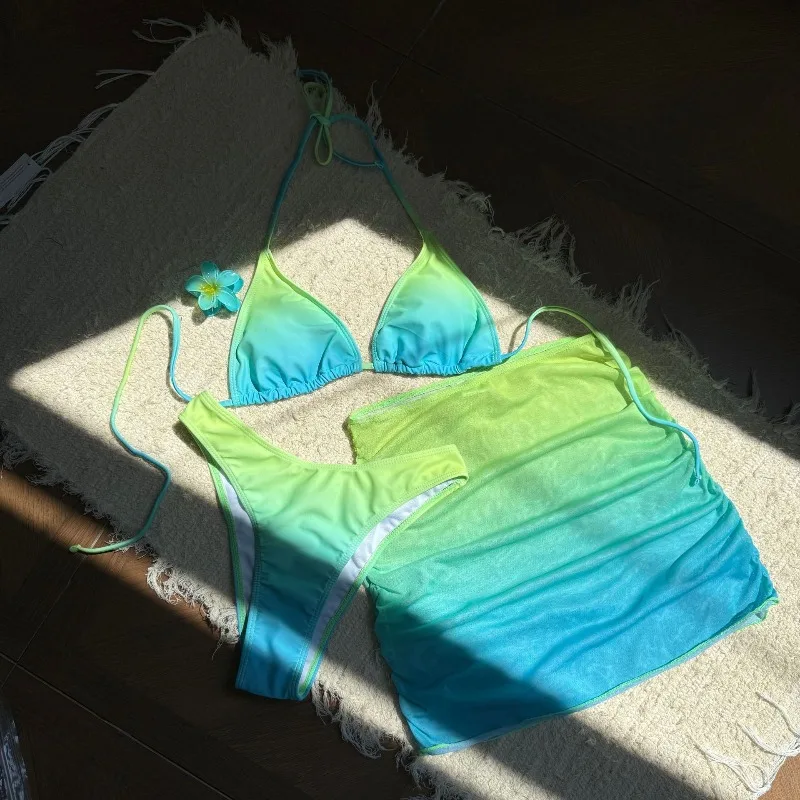 Damski 3-częściowy strój kąpielowy, bikini z kwiatami 3D, wiązany na szyi, z wysokim wycięciem, marszczony zestaw bikini z spódniczką.