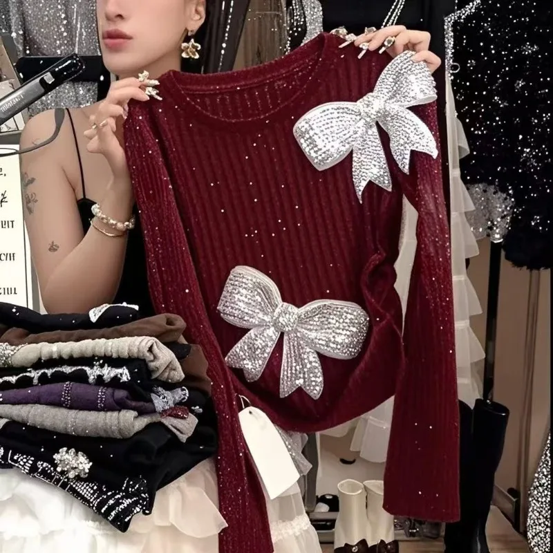 

Blouse T-shirt Women's Spring/Autumn Luxurious Feel Bow Detail Long Sleeves Pleated Stylish Knitwear New Versatile Distinctive