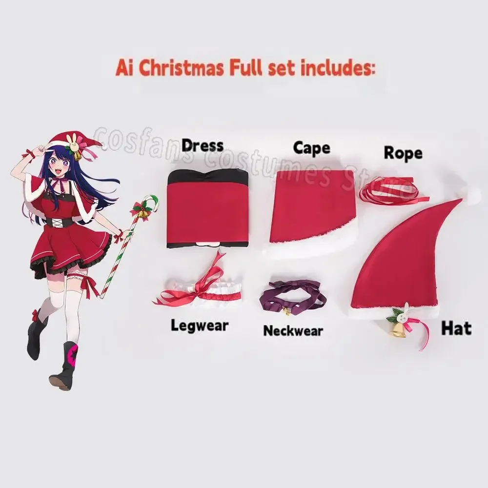 Disfraz de Cosplay de Anime Oshi No Ko Ai Hoshino para mujer, traje de Navidad, vestido rojo Lolita, juego de rol, sombrero de fiesta, traje de Legwear