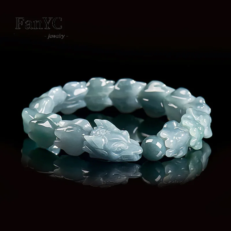 Genuine Natural Jadeite Blue Water Three-Dimensional Dragon Bone Bracelet High-End Luxury Ice Jade Men's Jewelry Good Luck Charm