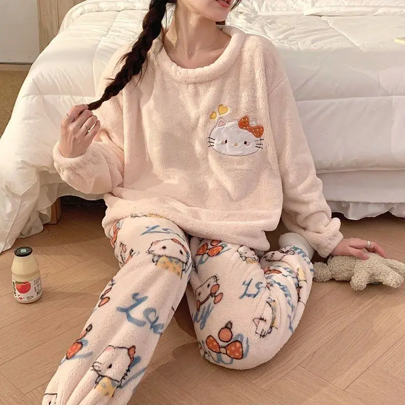 Kawaii Hello Kittys Women\'s Pajamas Autumn Winter Sanrios Velvet Thickened Coral Velvet Cute Student Home Clothes Two-Piece Suit