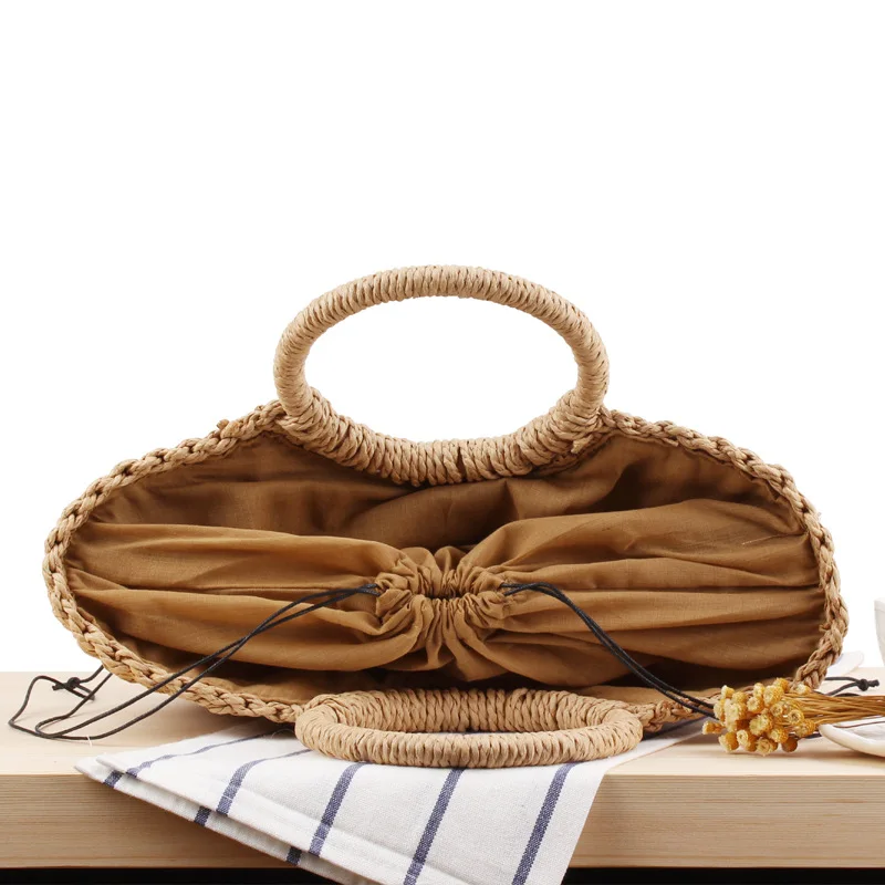 2023 Fashion Summer Women\'s Handmade Bag Beach Woven Women\'s Straw Bag Wrapped Beach Bag Moon Shaped Top Handle Handbag