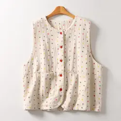 Retro Cotton And Linen Color Dot Clip Cotton Vest Jacket For Women Japanese Style Artistic Autumn Winter Warm Quilted Top a604