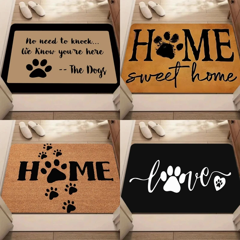 Alfombra de entrada antideslizante con estampado de huellas de mascotas, diseño de hogar dulce hogar, cita divertida y patrón de amor, decoración para el hogar