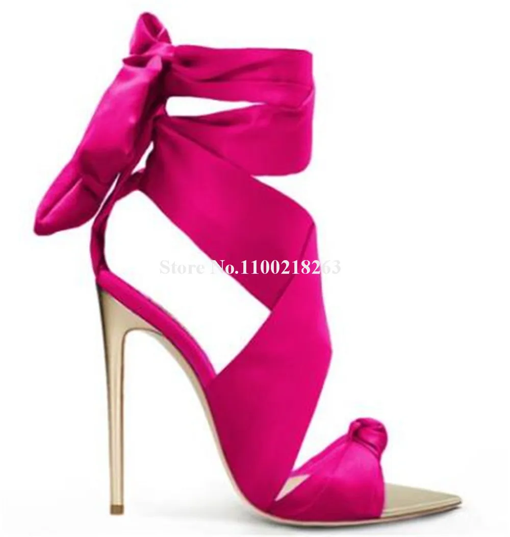 Sexy Pink Green Purple Satin Patchwork Stiletto Heel Sandals Lace-up Bowties Pointed Open Toe Stiletto Heel Ankle Straps Heels