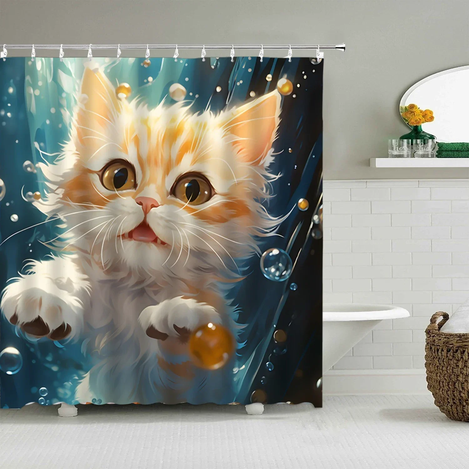 Cartoon Animal Shower Curtain, Cute In Water Cat Dog, Kids Boys Girls Polyester Fabric Bathtub Partition Bathroom Decoration