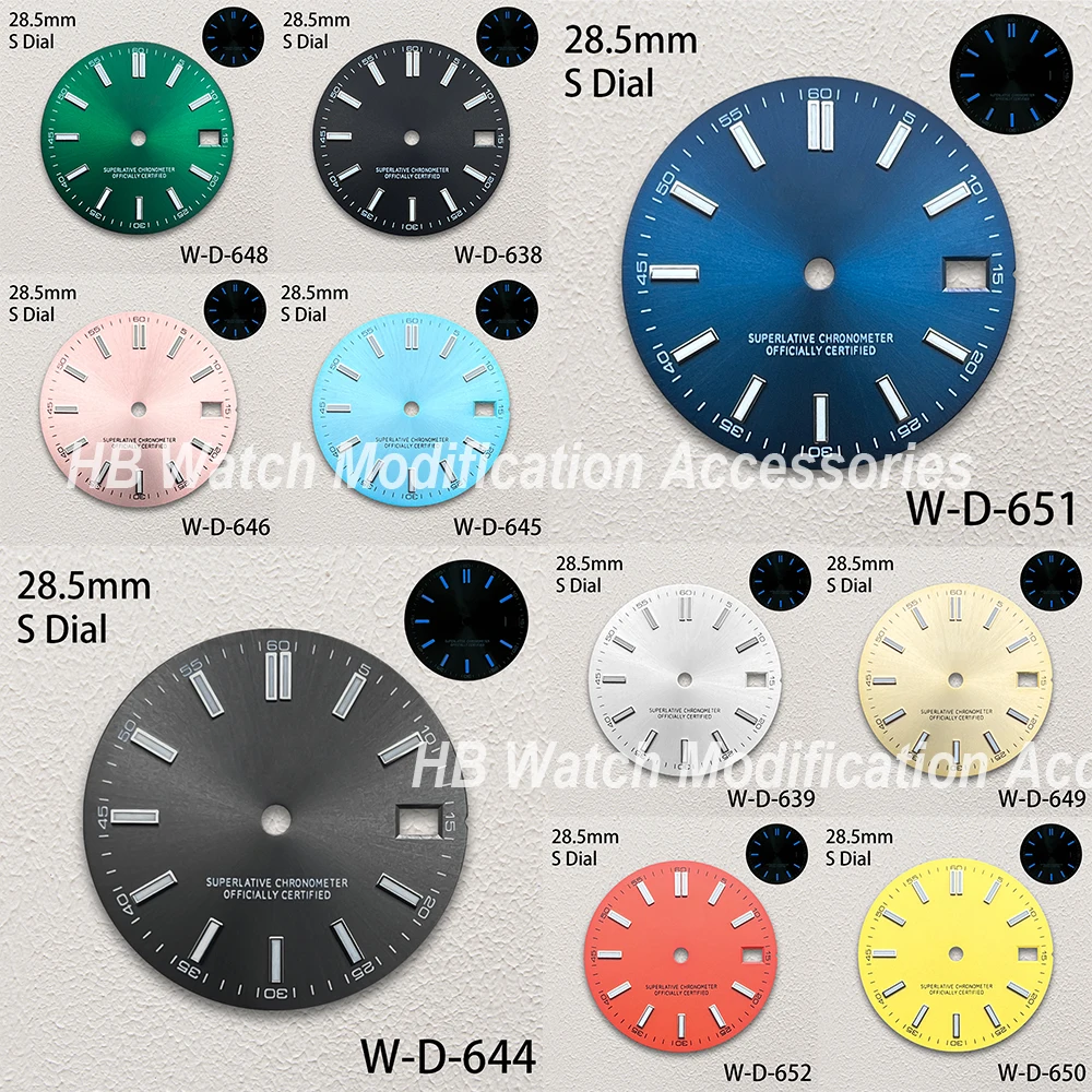 28.5mm S Logo Sunburst Dial Fit NH35/NH36/4R Japanese Movement Blue Luminous High-Quality Dial Watch Modification Accessories