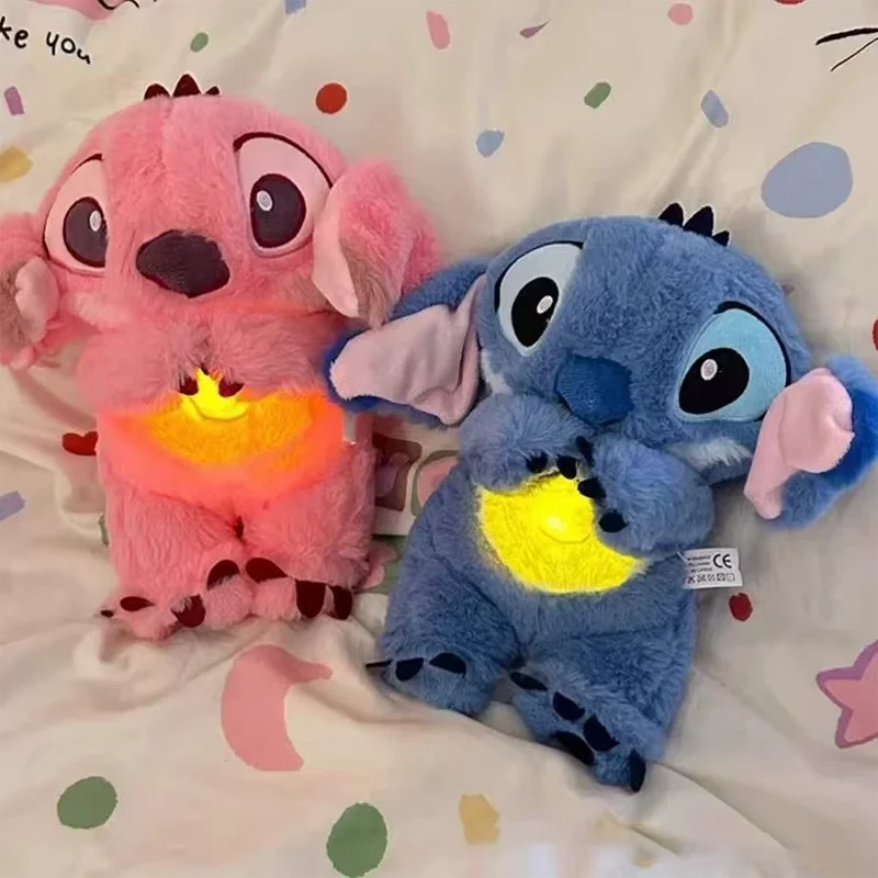 Disney Stitch Soothes Plush Toy Doll Sleeping Companion Sound Soothing Music with Air Bag and Light Doll Breathing Toys Kid Gift