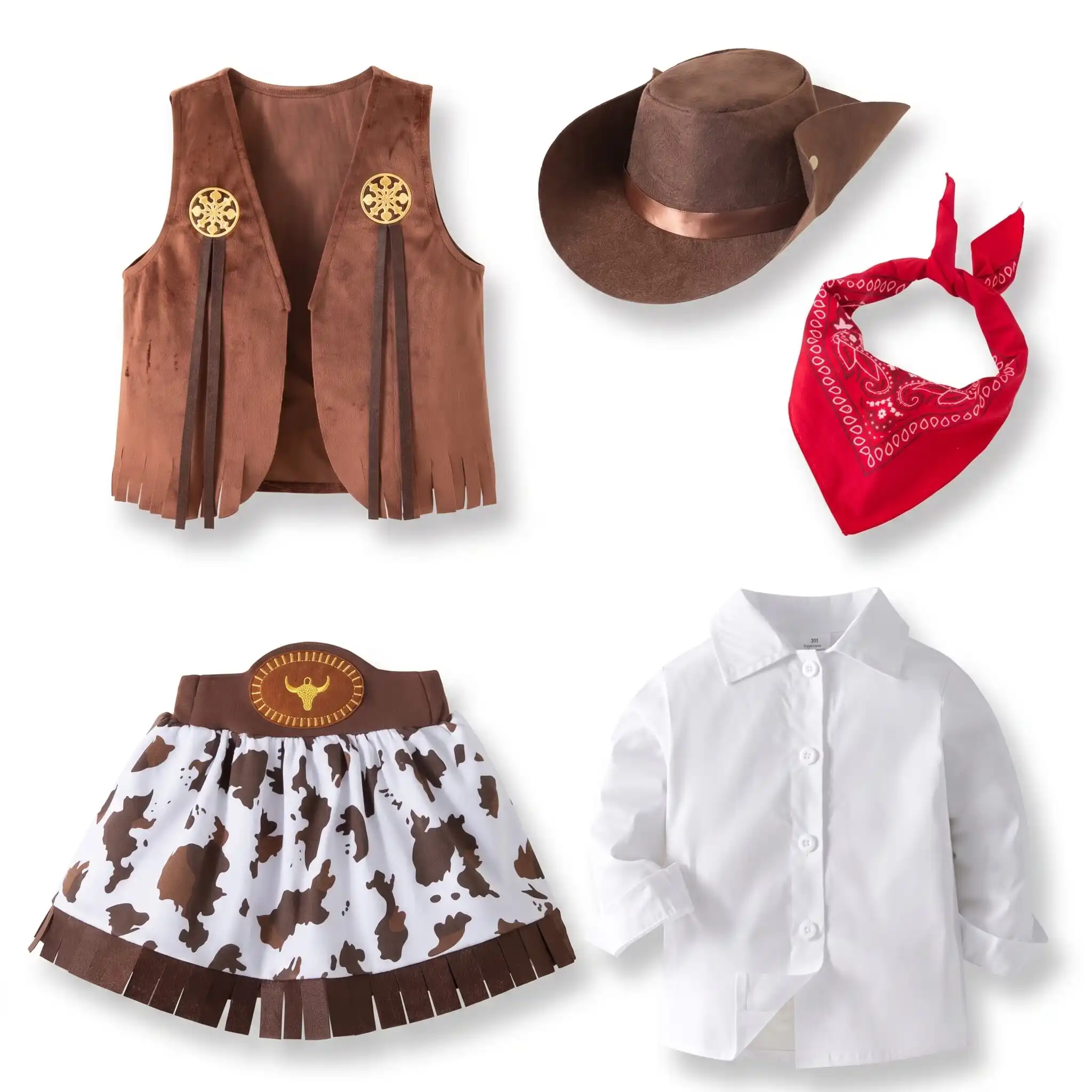Kids Western Cowboy Costume Set Girls Cosplay Dress Up Outfit Fringe Vest and Cow Print Skirt with Hat Bandana 5 Piece