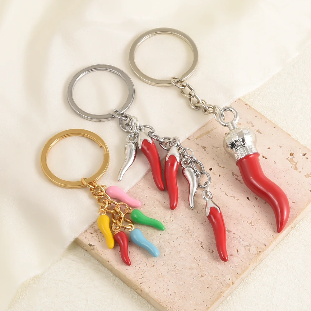 1Pc Personality Alloy Lucky Horn Italian Chili Cornicello Pendant Keychain DIY Kpop Vegetable Red Pepper Women Trinkets Jewelry