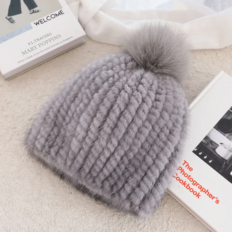 Real Mink Fur Hat For Women New Brand Thicken Female Fur Caps Ladies Winter Knitted Mink Fur Beanies With Fox Fur Pompoms Hat