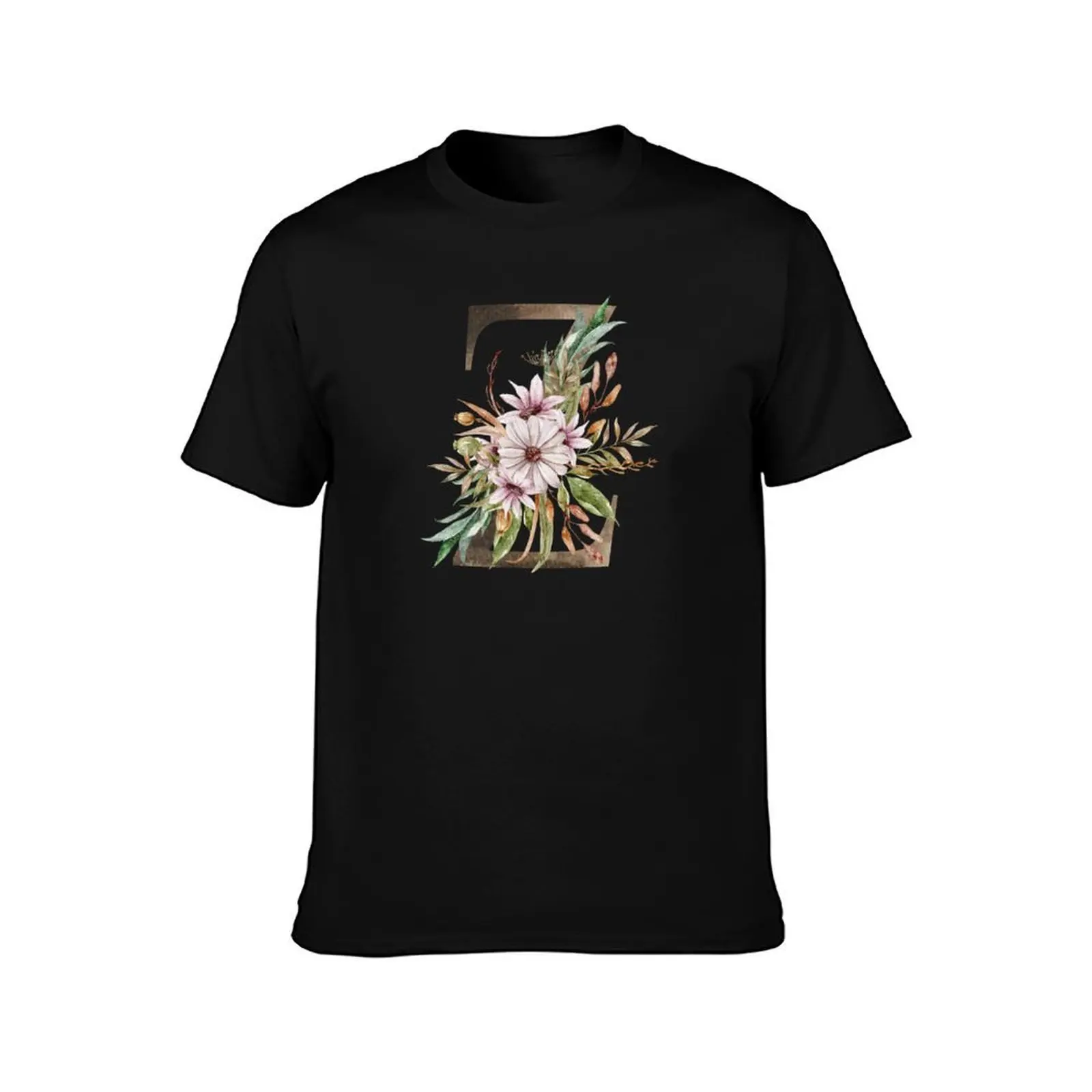 Watercolor floral Z wedding monogram letter print T-Shirt, Summer Casual Cotton Tee, Oversized Streetwear Tops, Unisex Men Women