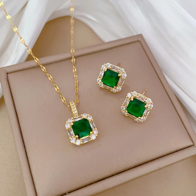 

Royal Court Style Square Big Green Crystal Necklace Earrings Set Women Luxury Wedding Jewelry Girl Birthday Party Gift