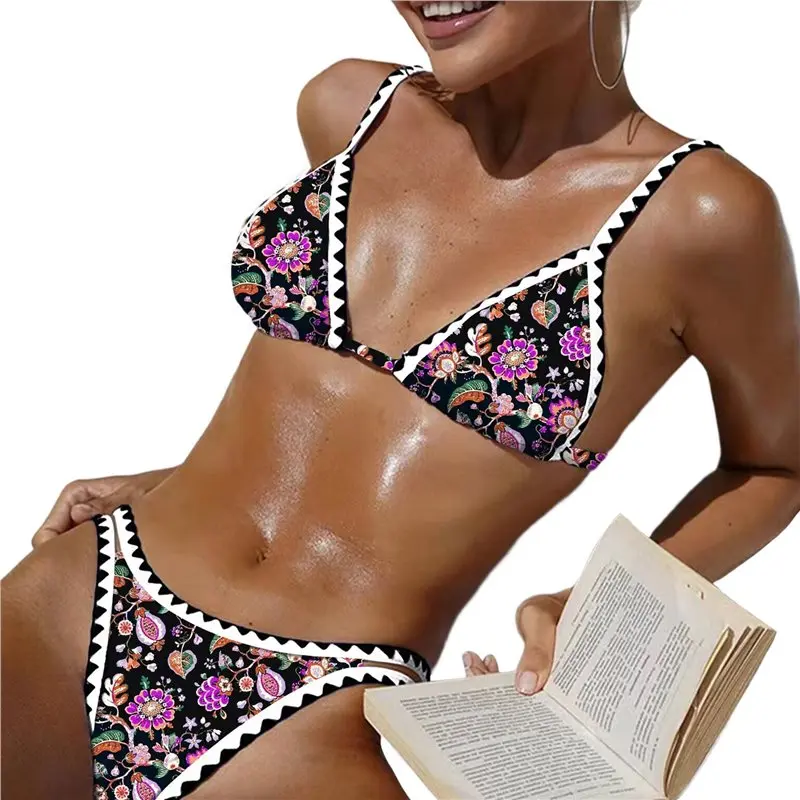 【Festival】Womens Swimsuits Thong Micro Bikini Ditsy Floral Two Piece Sets Bathing Suit Color Block Bandeau Swim Top