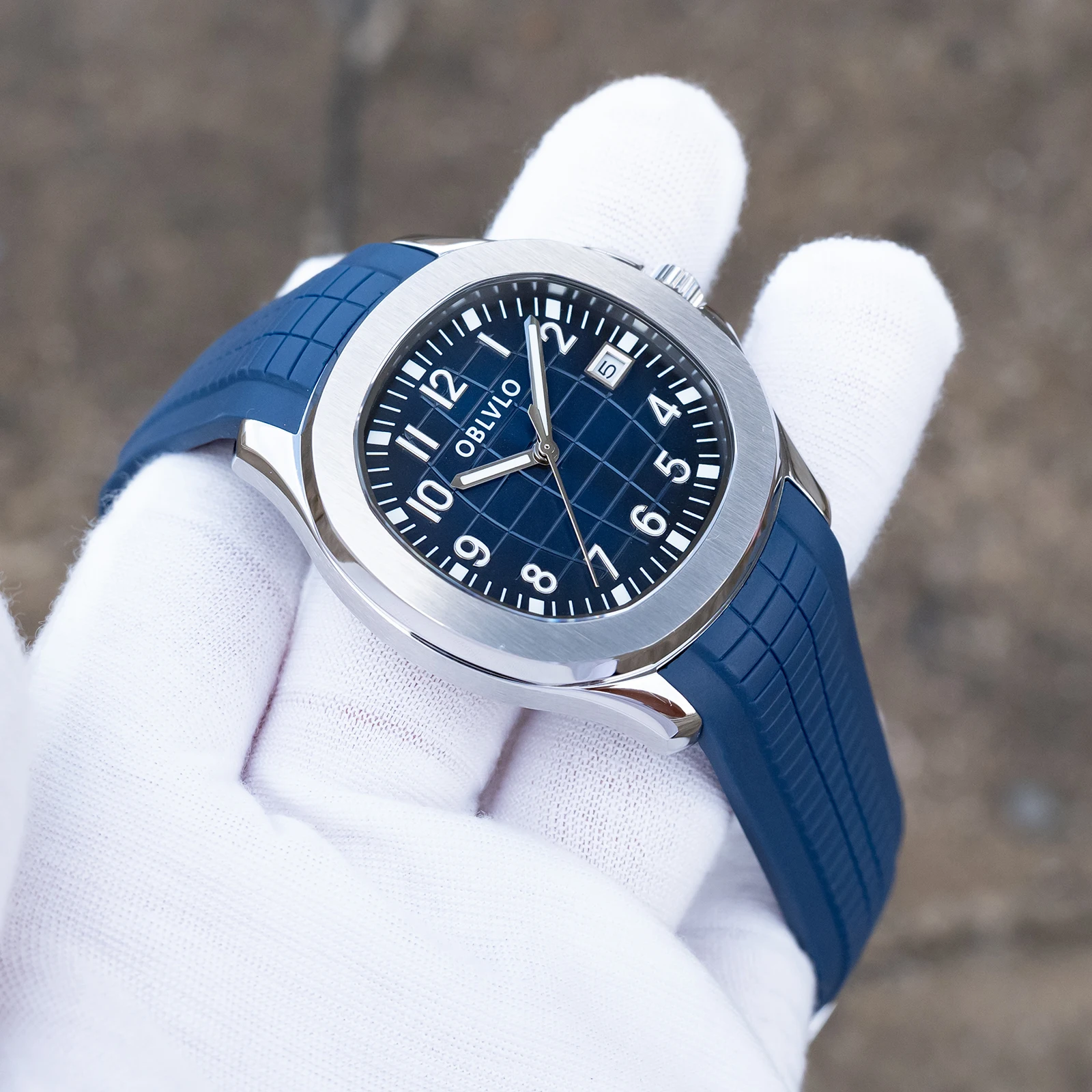 OBLVLO Designer Sport Mechanical Automatic Watch Brlue Dial with Date Luminous Rubber Band Casual Watches FM-SL