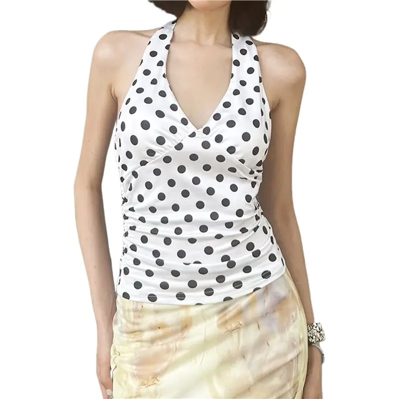 Women's Polka Dot V Neck Halter Side Ruched Fitted Sleeveless Top White S Eco-Friendly