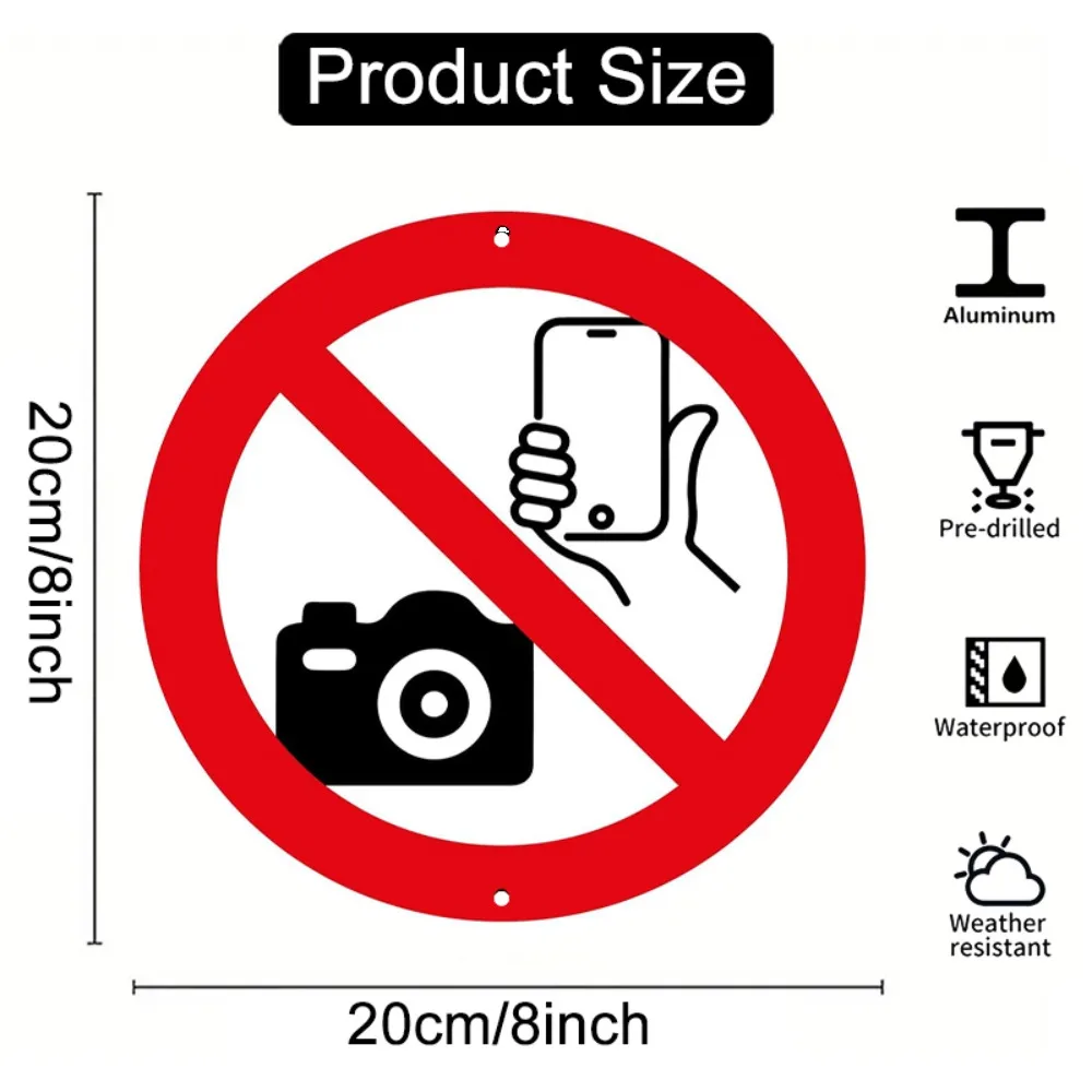 2D Flat Aluminum No Photo Sign - 8x8 Inch Metal Plaque, Wall-Mounted for Indoor/Outdoor, Data Protection for Offices & Theaters,