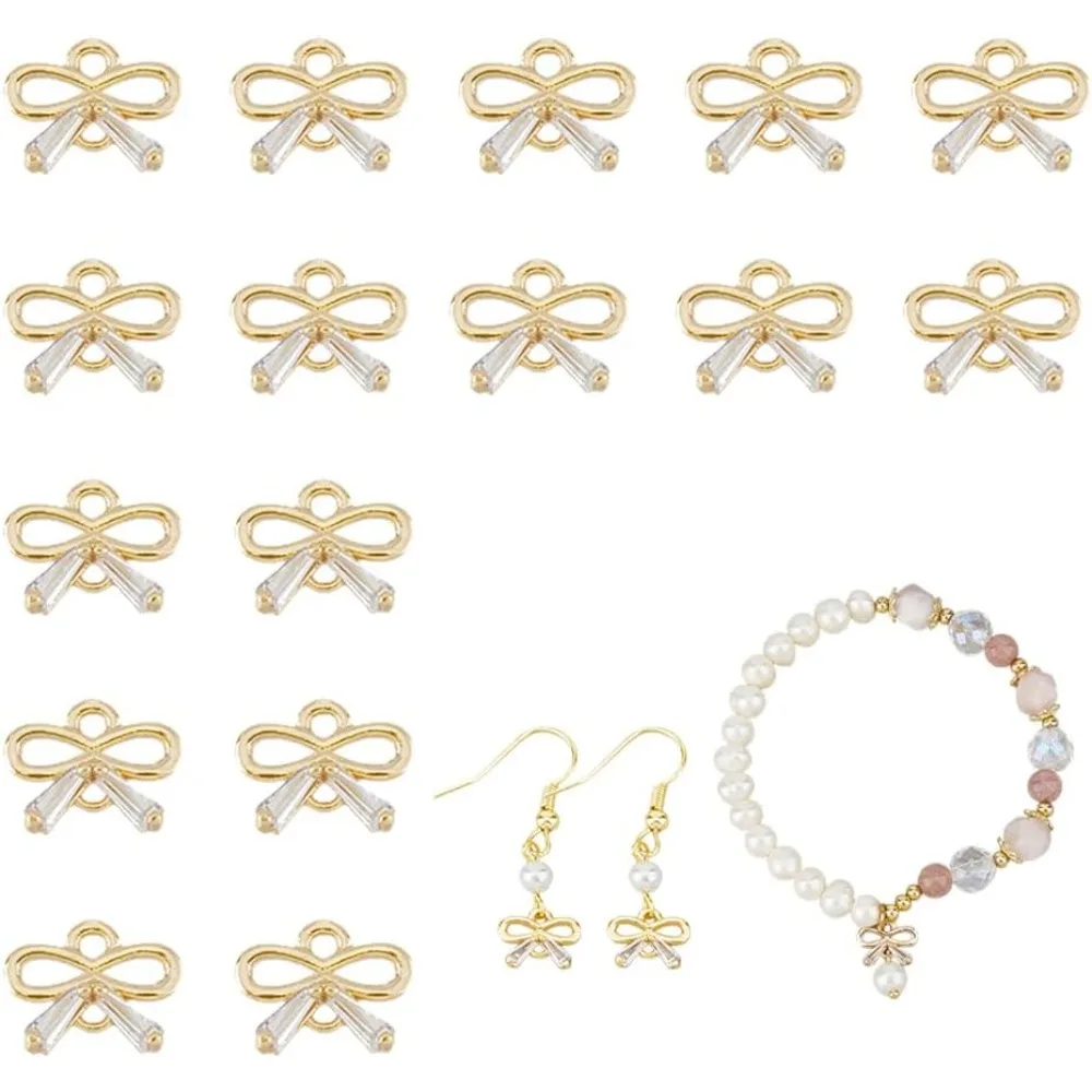 

16Pcs Bowknot Charms Bracelet Bow Dangle Charms Cubic Zirconia Charms Bow Pendant Connector for DIY Necklace Earrings Jewelry