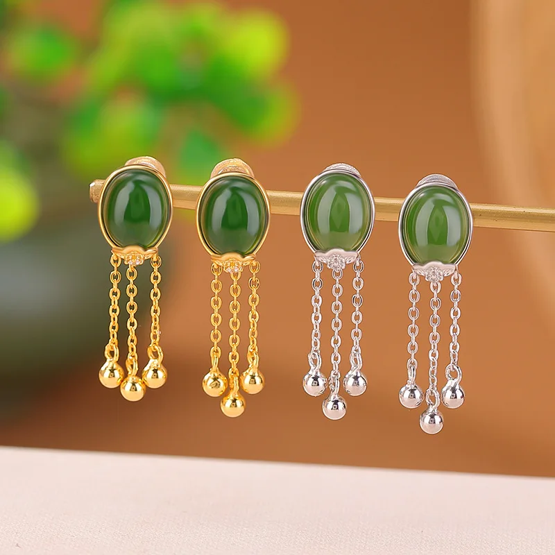 

Элегантные серебряные серьги с кисточками из стерлингового золота Hetian Jade и кабошона S925