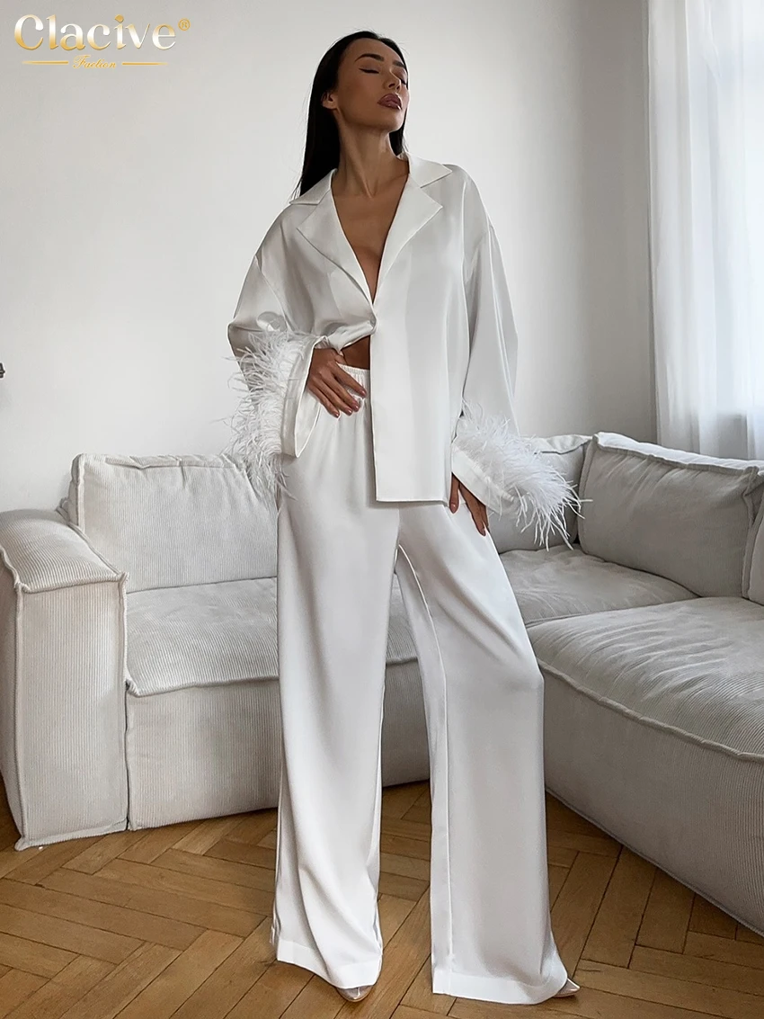 

Clacive Casual Loose White Satin 2 Piece Set Women Outfit 2025 Elegant Feathers Long Sleeve Shirt With High Waist Wide Pants Set