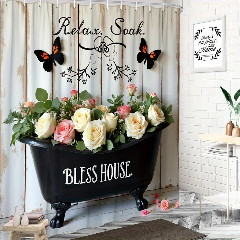 ستارة حمام ريفية عتيقة - ورود بيضاء ووردية، فراشات، اقتباس مريح، 12 خطافًا، ديكور حمام هادئ #4