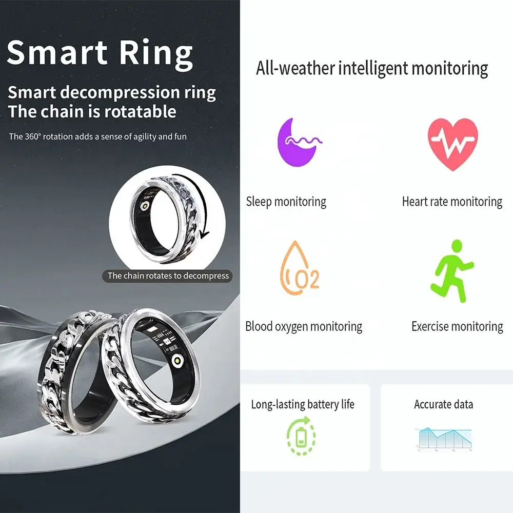 Rotatable Chain Anti-stress and Anxiety Smart Ring Health Sleep Heart Rate SPO2 Monitors Sports Excercise Remote Camera Control