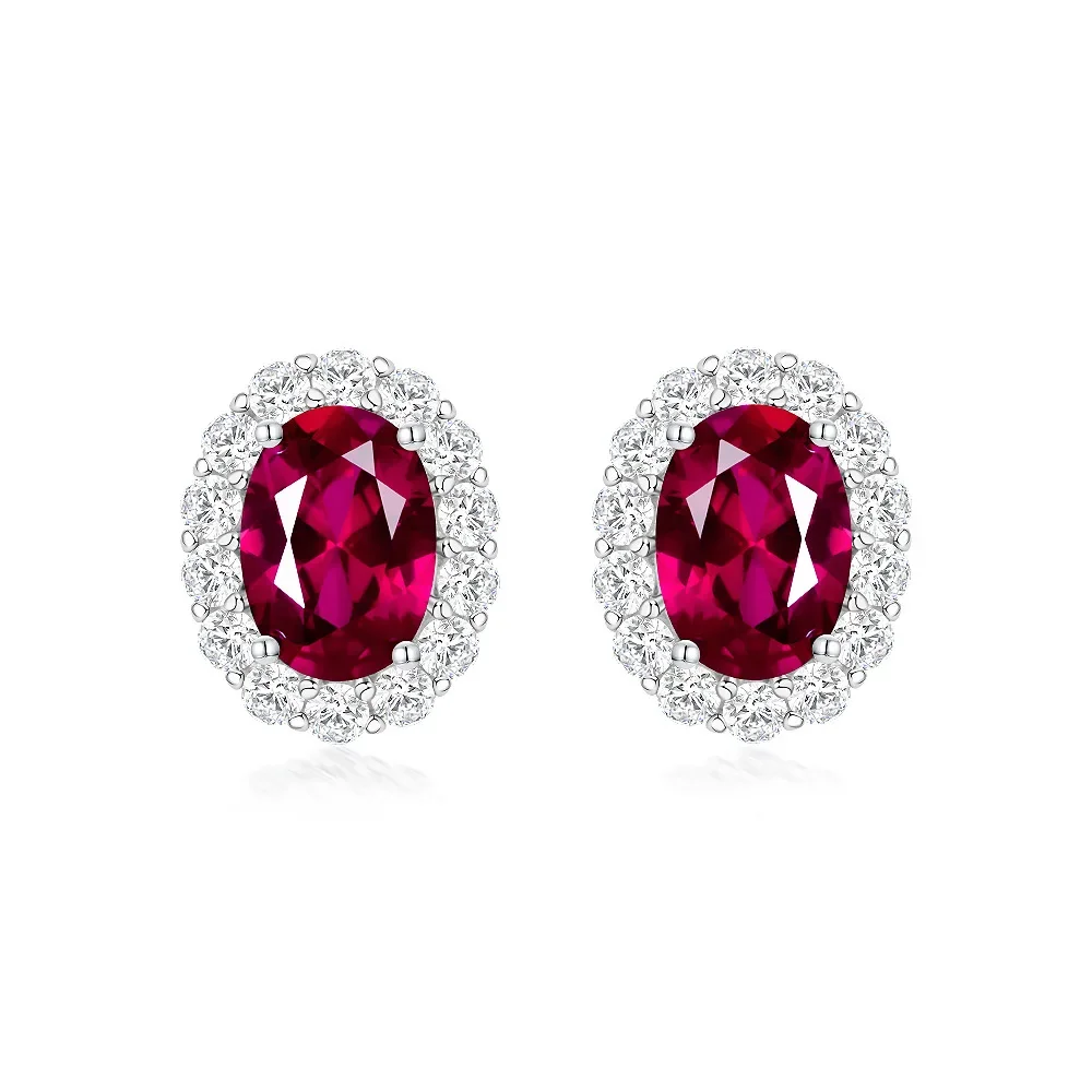 

Simple Egg shaped Cultivation Synthetic Red Blue Treasure 5 * 7 Temperament Earrings 2023 New 925 Silver Wedding