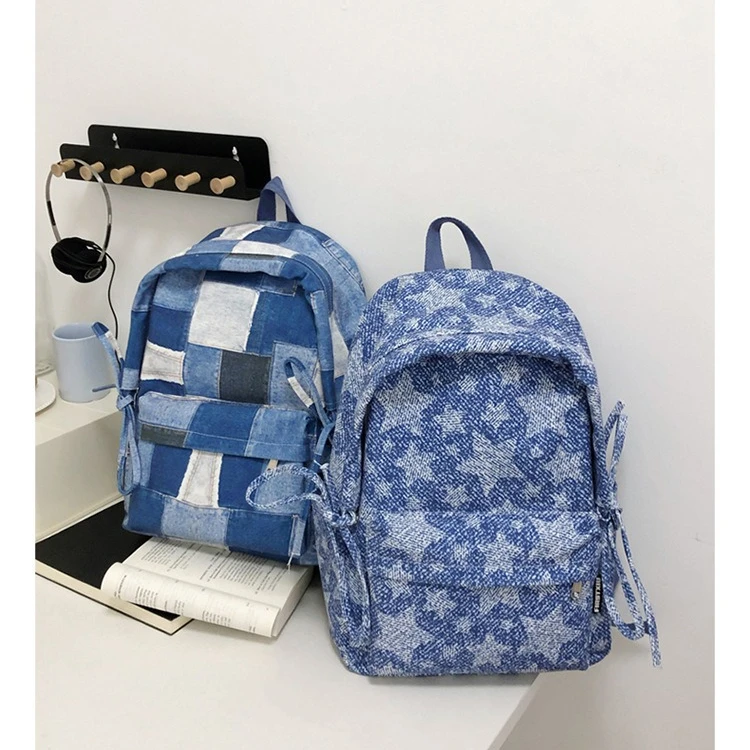 Lightweight nylon stitching student schoolbag girl bow plaid backpack large capacity star travel bag