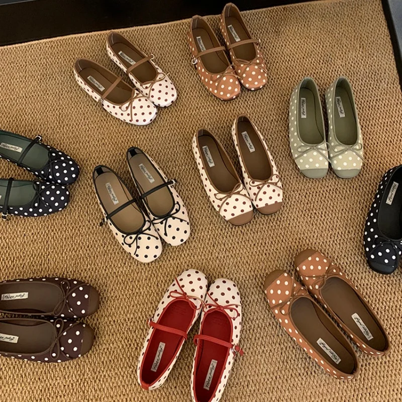 

Bailamos Women Polka Dot Flats Ballerina Shoes Round Toe Shallow Slip On Ladies Ballet Shoes Soft Loafer Zapatos Mujer 40