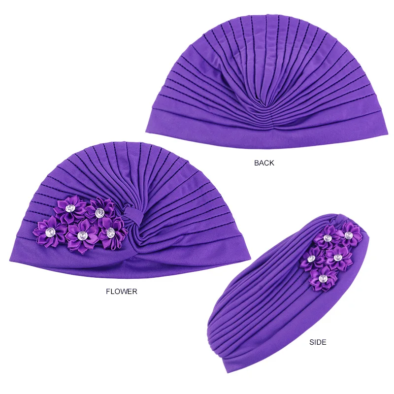 Wrinkle With Drill Flower Turban Hat Muslim Style Wrap Head Hat Women Fashion Head Scarf Chemotherapy Cap Lady Hair Accessories