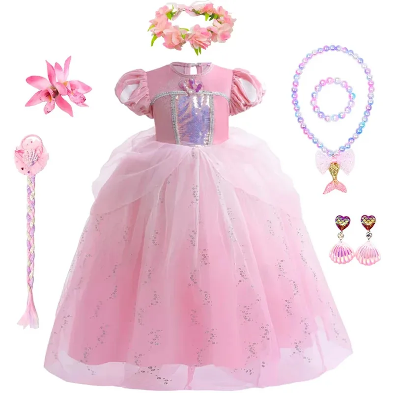 

Mermaid Dress Princess Cosplay Kids Costume Ariel Pink Fancy Deluxe Clothes Girls Birthday Carnival Party Sequin Mesh Gown