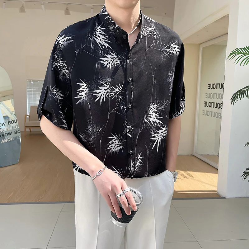 

2024 Summer Thin Bamboo Leaf Watermark Standing Neck Shirt Men Half Sleeve Casual Shirts Loose Social Streetwear Men Clothing