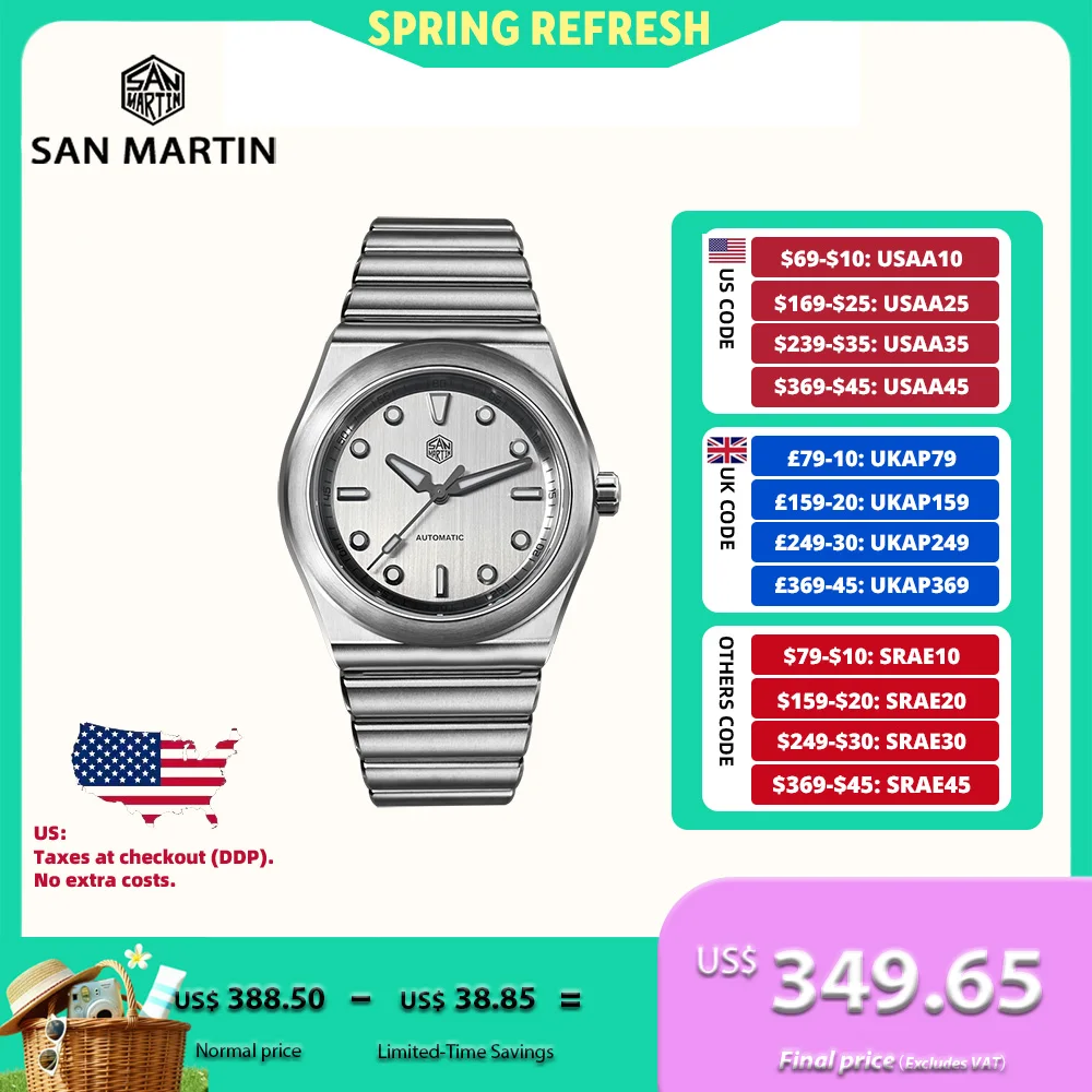 

San Martin New 40mm Original Design Stainless Steel Brushed Dial Miyota 90S5 Casual Wristwatch 10Bar Integrated Bracelet SN0149