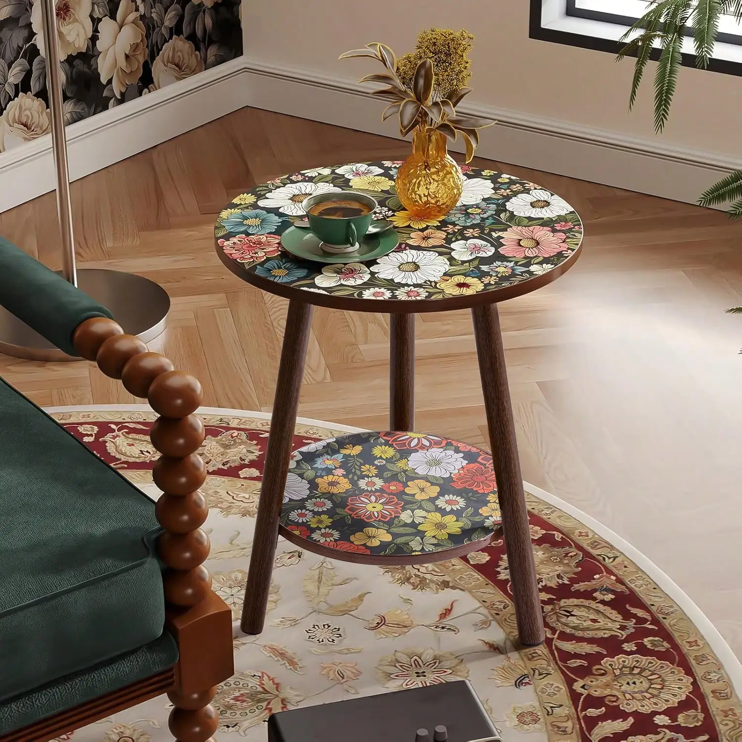 Mesa auxiliar de doble capa con diseño de mandala de LOVEWE, mesa decorativa retro de tamaño pequeño, mesa de noche ideal para espacios reducidos, estante para una sola planta, mesa de noche redonda para interiores, adecuada para dormitorios, terrazas, balcones y rincones, mesa de centro de estilo medieval moderno.