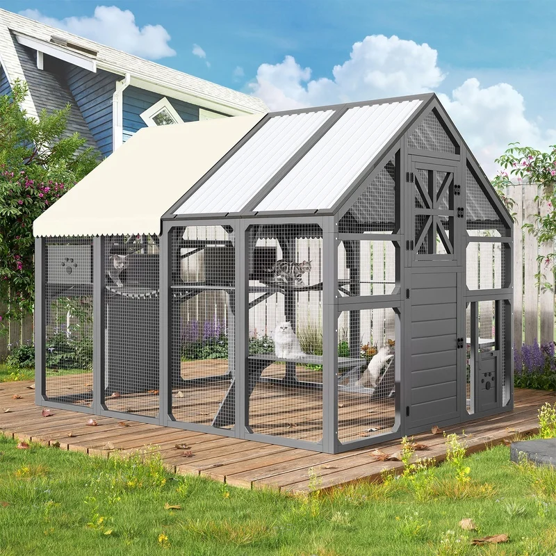 

Walk-in Outdoor Cat Enclosure with Bridges, PVC Roof, Weatherproof Cover, 8 Platforms, 2 Resting Boxes, Grey