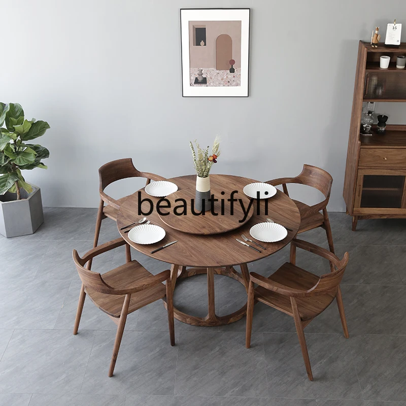 North American black walnut round dining table simple all solid wood round table restaurant with turntable