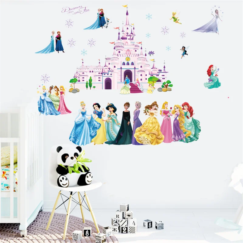 Disney Lovely Snow White cenerentola Aurora Princess Wall Stickers per la camera dei bambini decorazione della casa carta da parati congelata