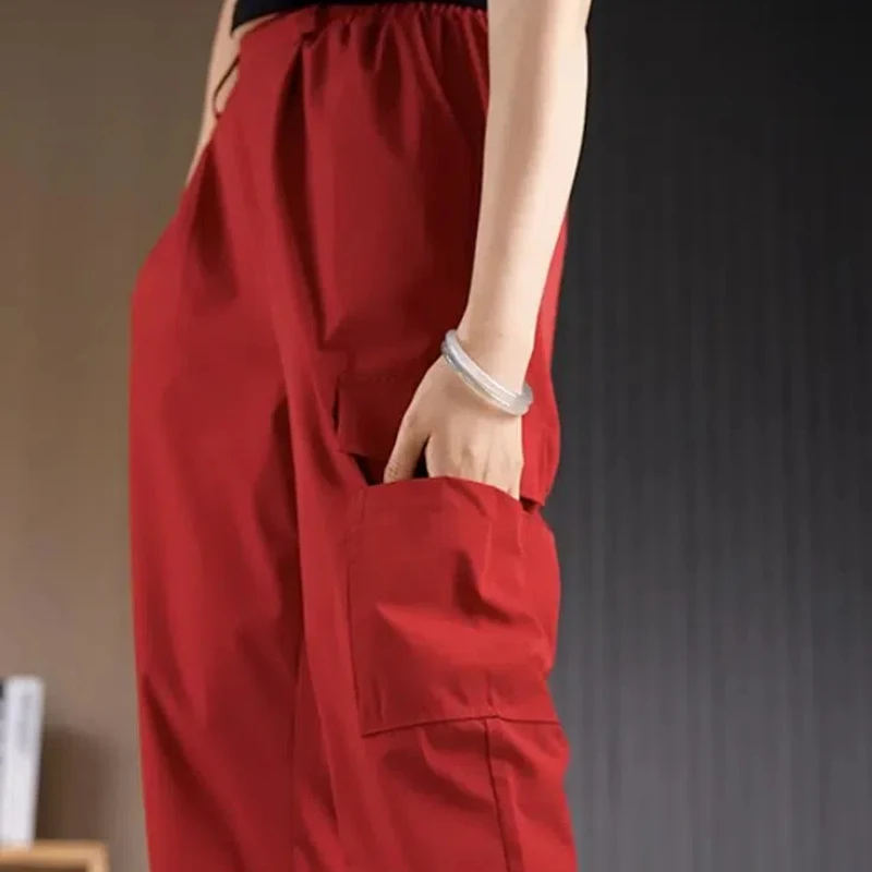 Modna odzież damska w stylu vintage Jednokolorowe elastyczne kieszenie Wiosenne jesienne spodnie Bloomers Cargo Przycięte spodnie z wysokim stanem