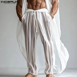 INCERUN American Style Trousers Men's Fashion See-through Striped Long Pant Sexy Casual Hot Sale Thin Drawstring Pantalons S-5XL