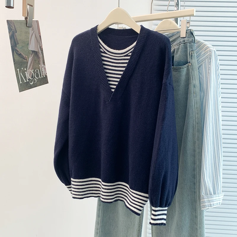 Maglione lavorato a maglia casual di grandi dimensioni con scollo a V manica lunga pullover da donna nuova moda autunno falso top in due pezzi