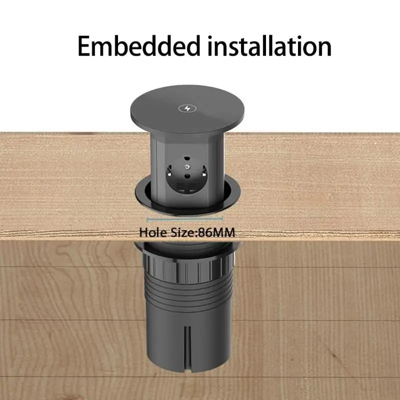 

Desk Mounted Power Lift Outlet With 4 Port 2 USB C Charging 15W Pad for Countertops Installation Kitchen Office Use