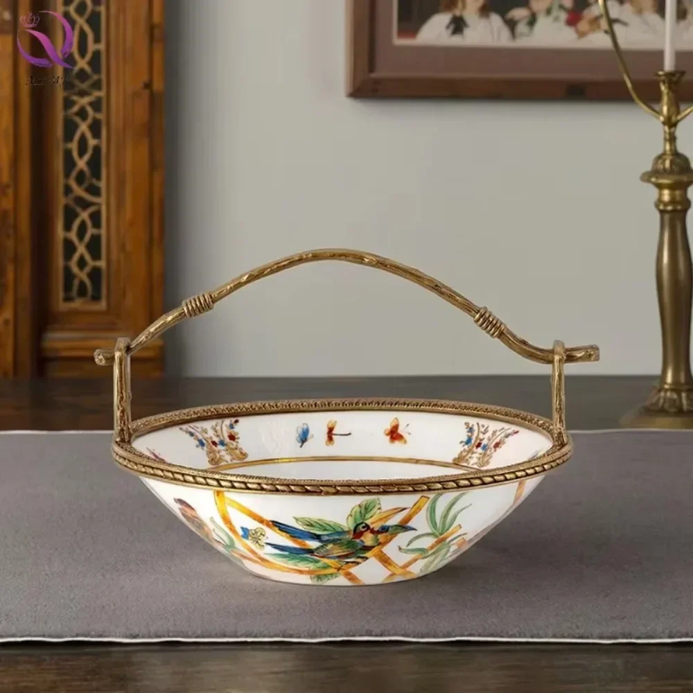 

Golden Fruit Tray With Handle Dinner Tableware Dessert Snack Ceramic Plate Brass Fruit Bowl for Hotel Restaurant Home Decor